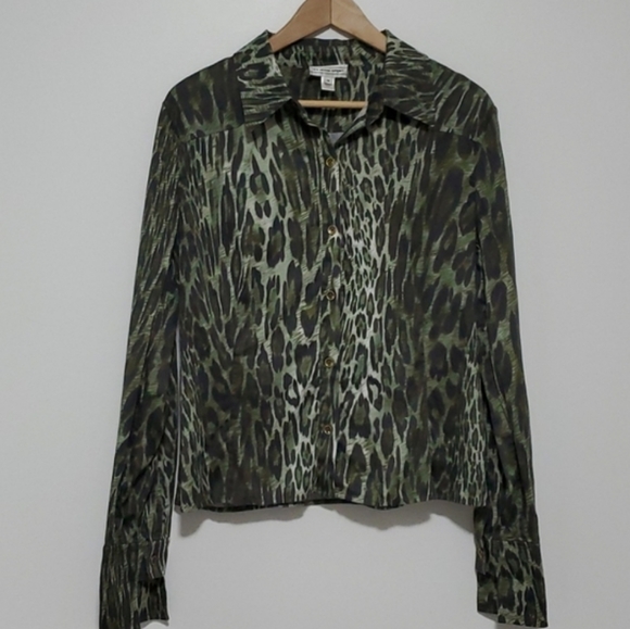 ST JOHN SPORT Green Leopard Button Down - Picture 1 of 7